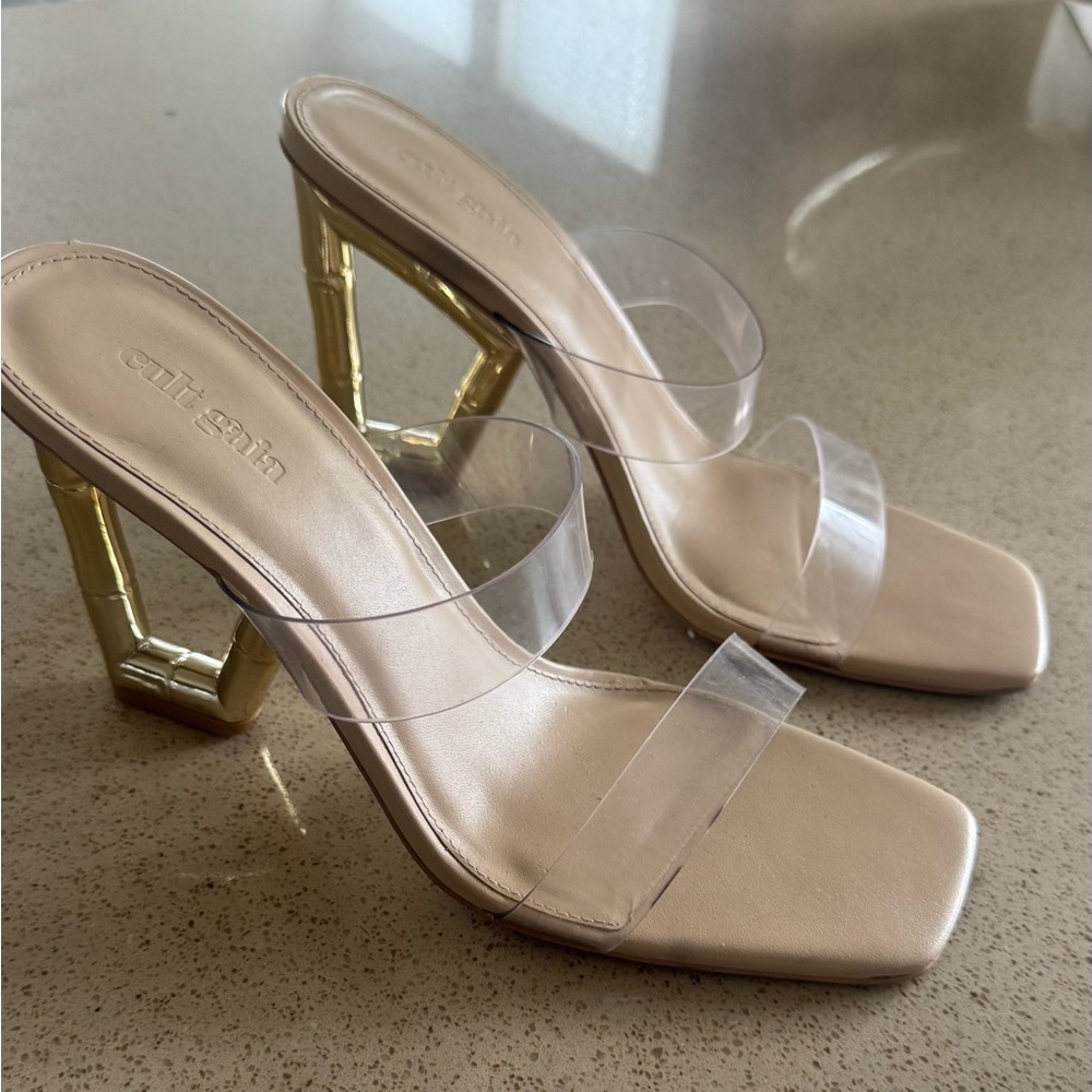 Cult Gaia Nude and Gold Heels with Clear Straps